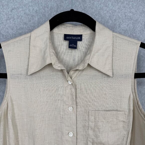 Ann Taylor Womens Linen Sleeveless Button Up Shirt Top Size 12 Tan Collared Chic - Picture 2 of 10